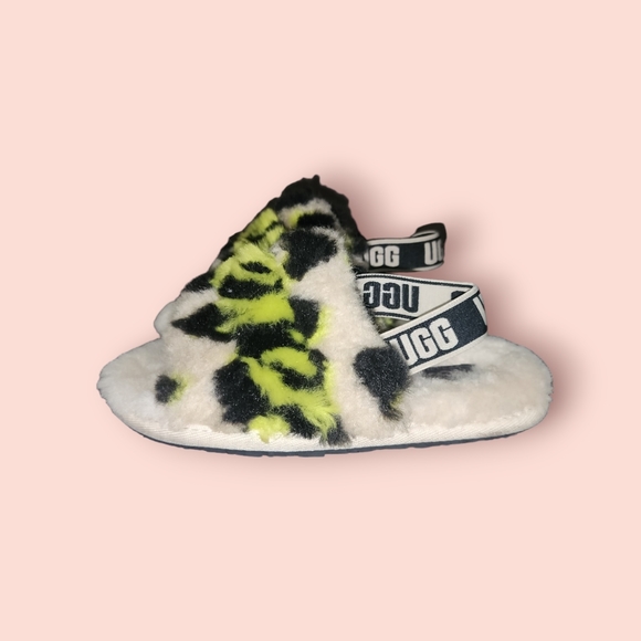 Uggs Fluff Yeah Animalia Black Neon Leopard Slingback Sandal For toddlers Fluffy - Picture 1 of 4